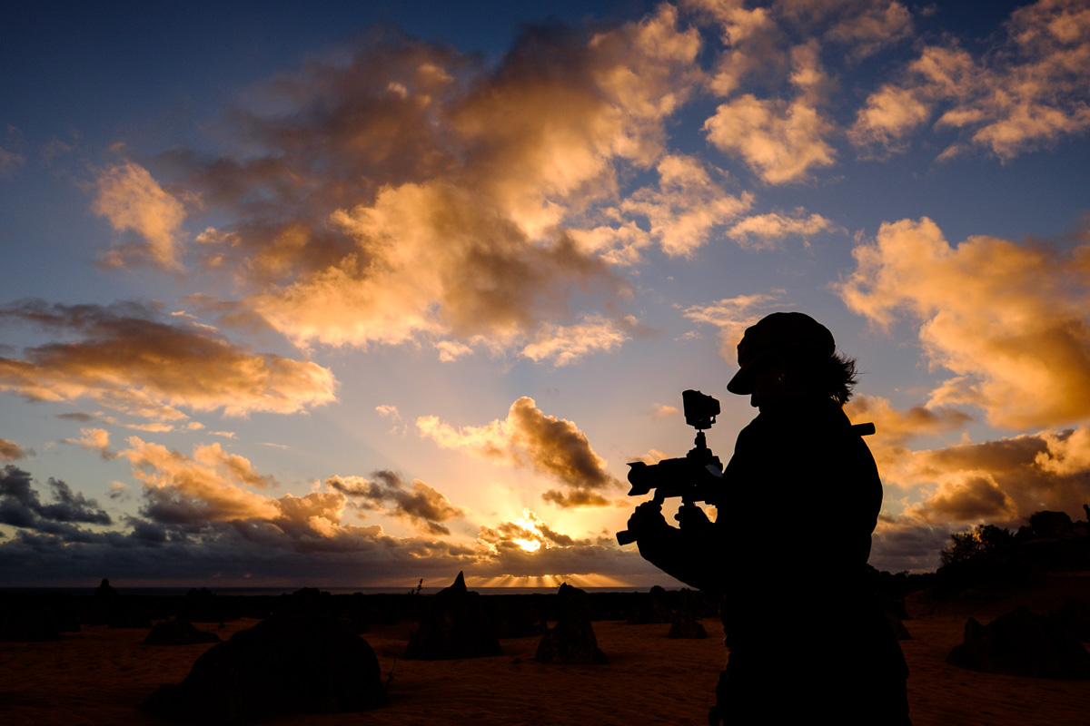 Charlene with her awesome video rig at Nambung National Park, Australia